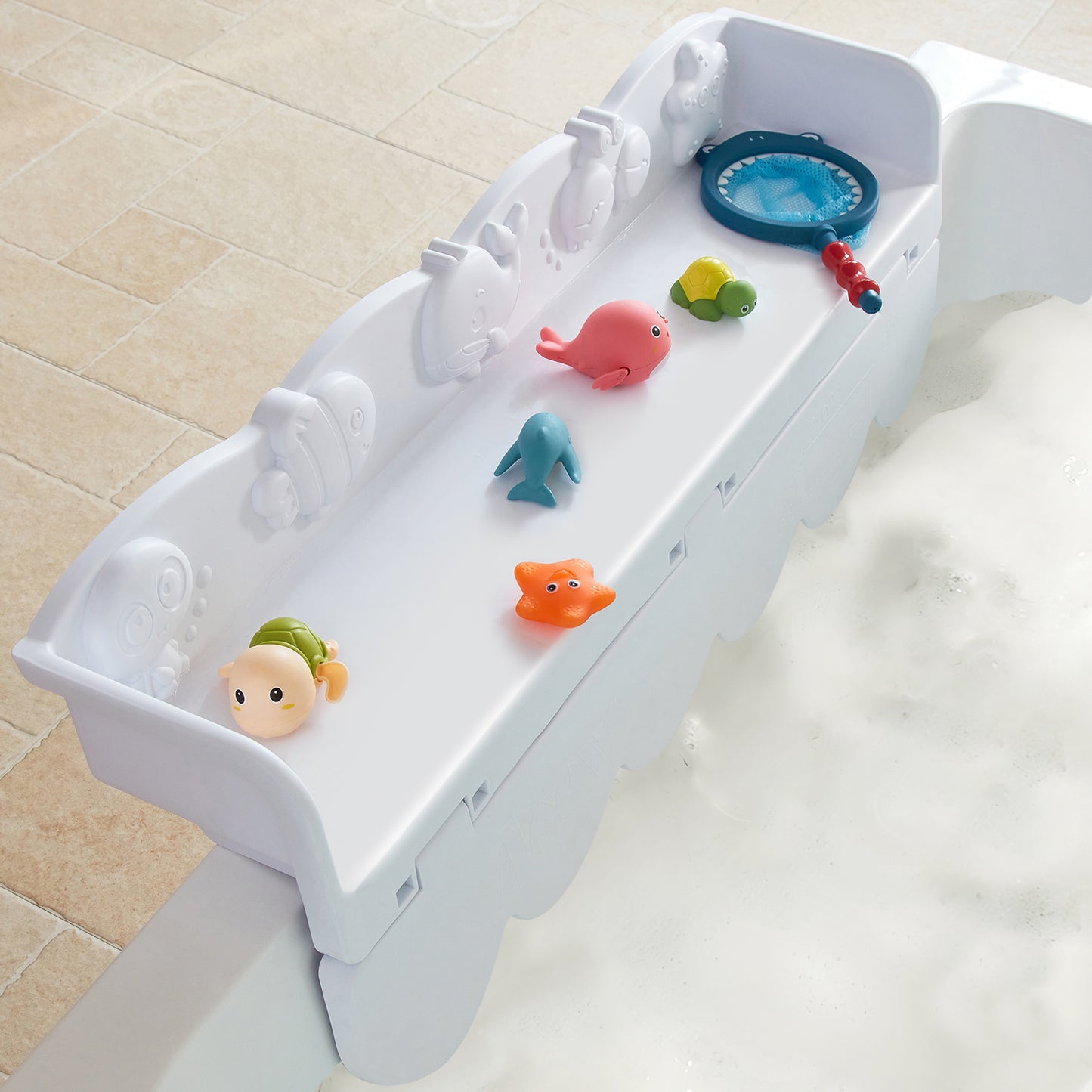Ozean Tiere Badewanne Spritzschutz für Kinder, drehbare Design Badewanne Wanne Tablett, Wanne Regal und Organizer für Baby Bad Spielzeug, Bad Spielzeug Tolder für Kleinkinder Kinder Baby (Weiß)