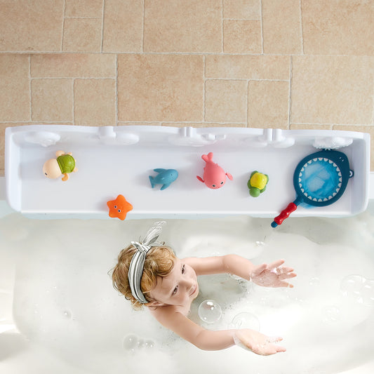 Ozean Tiere Badewanne Spritzschutz für Kinder, drehbare Design Badewanne Wanne Tablett, Wanne Regal und Organizer für Baby Bad Spielzeug, Bad Spielzeug Tolder für Kleinkinder Kinder Baby (Weiß)