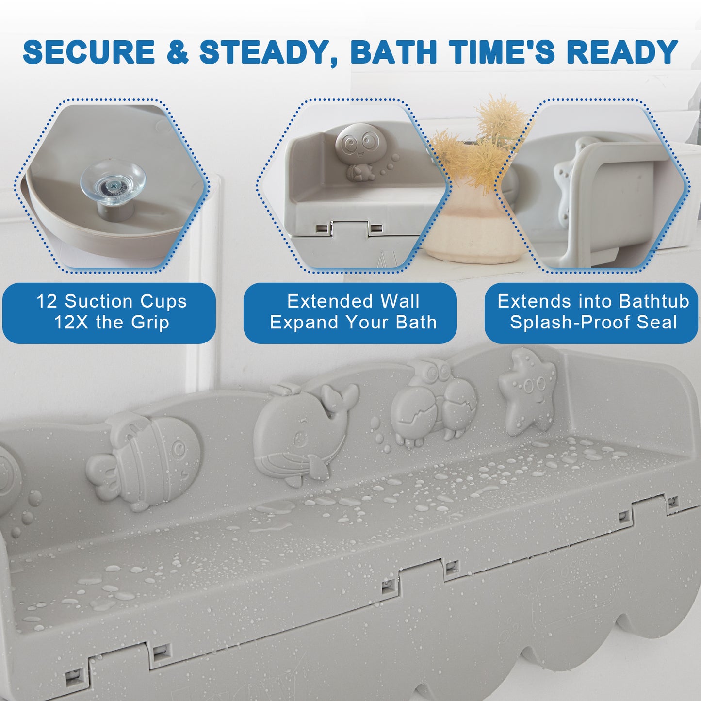 Ozean Tiere Badewanne Spritzschutz für Kinder, drehbare Design Badewanne Wanne Tablett, Wanne Regal und Organizer für Baby Bad Spielzeug, Bad Spielzeug Tolder für Kleinkinder Kinder Baby (Grau)